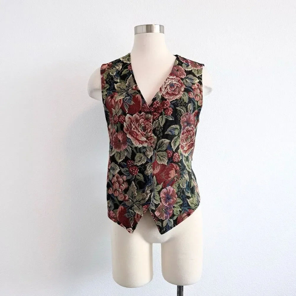 Bobbie Brooks Black Fruit Floral Tapestry Satin Vest Small Rose